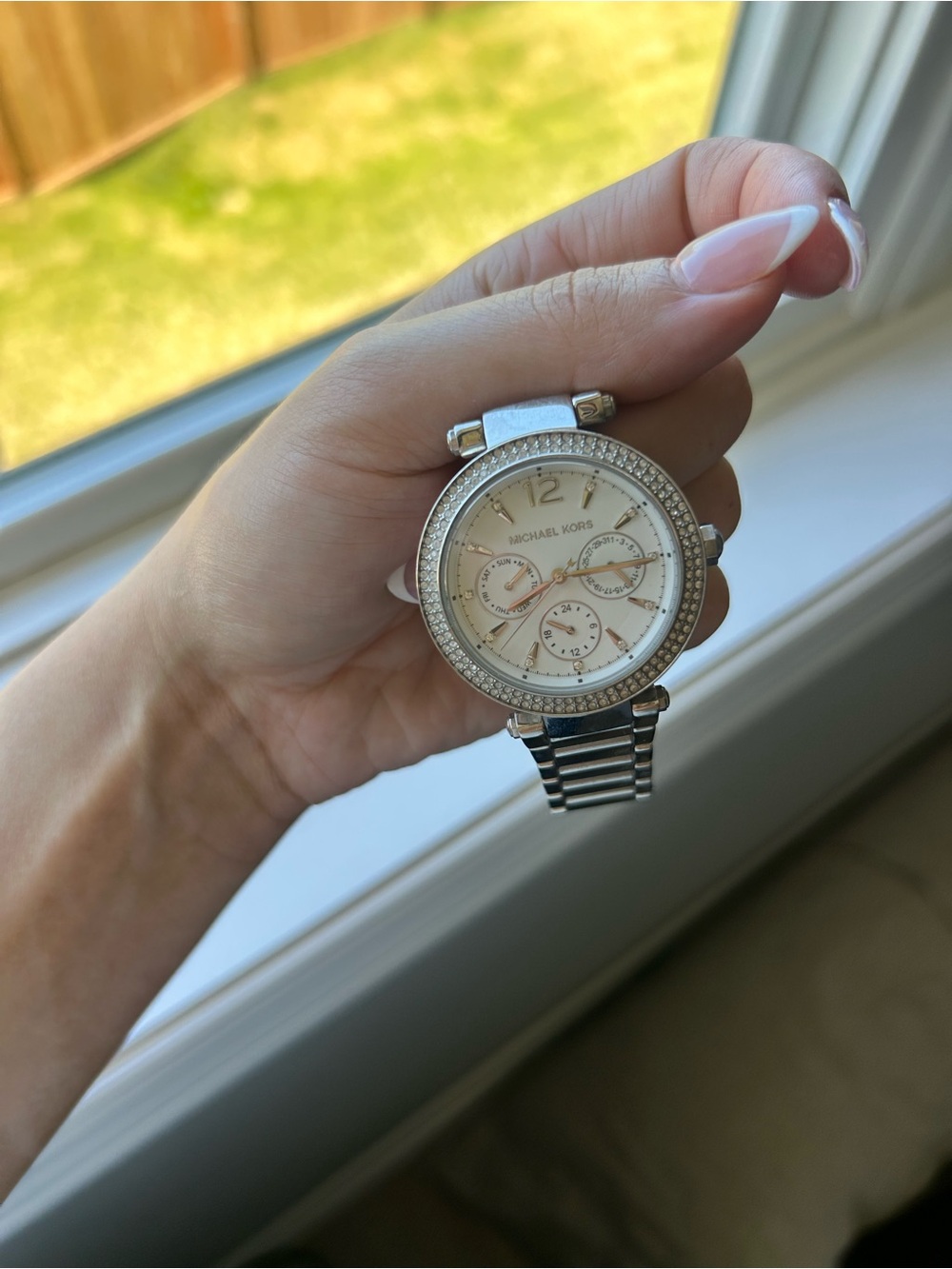 Michael Kors Silver and Cream Crystal-Trim Chronograph Watch